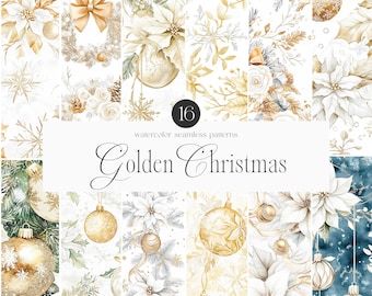 May include: A set of 16 watercolour seamless patterns featuring a golden Christmas theme. The patterns include white poinsettias, gold baubles, snowflakes, and other wintery elements.