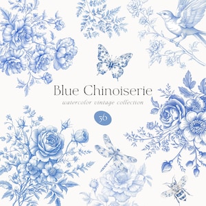 Aquarell Blau Chinoiserie Floral - Vintage Blumen Clipart - Chinoiserie Clipart - Vintage Clipart - Vintage Chinoiserie - Hochzeit Clipart