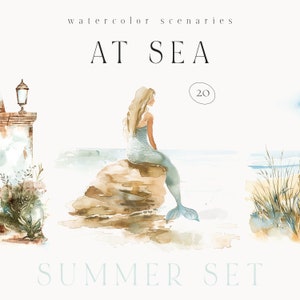 Clipart aquarelle vue mer - Clipart sirène - Clipart bord de mer - Clipart voyage - paysages de plage - Clipart été - Licence illimitée
