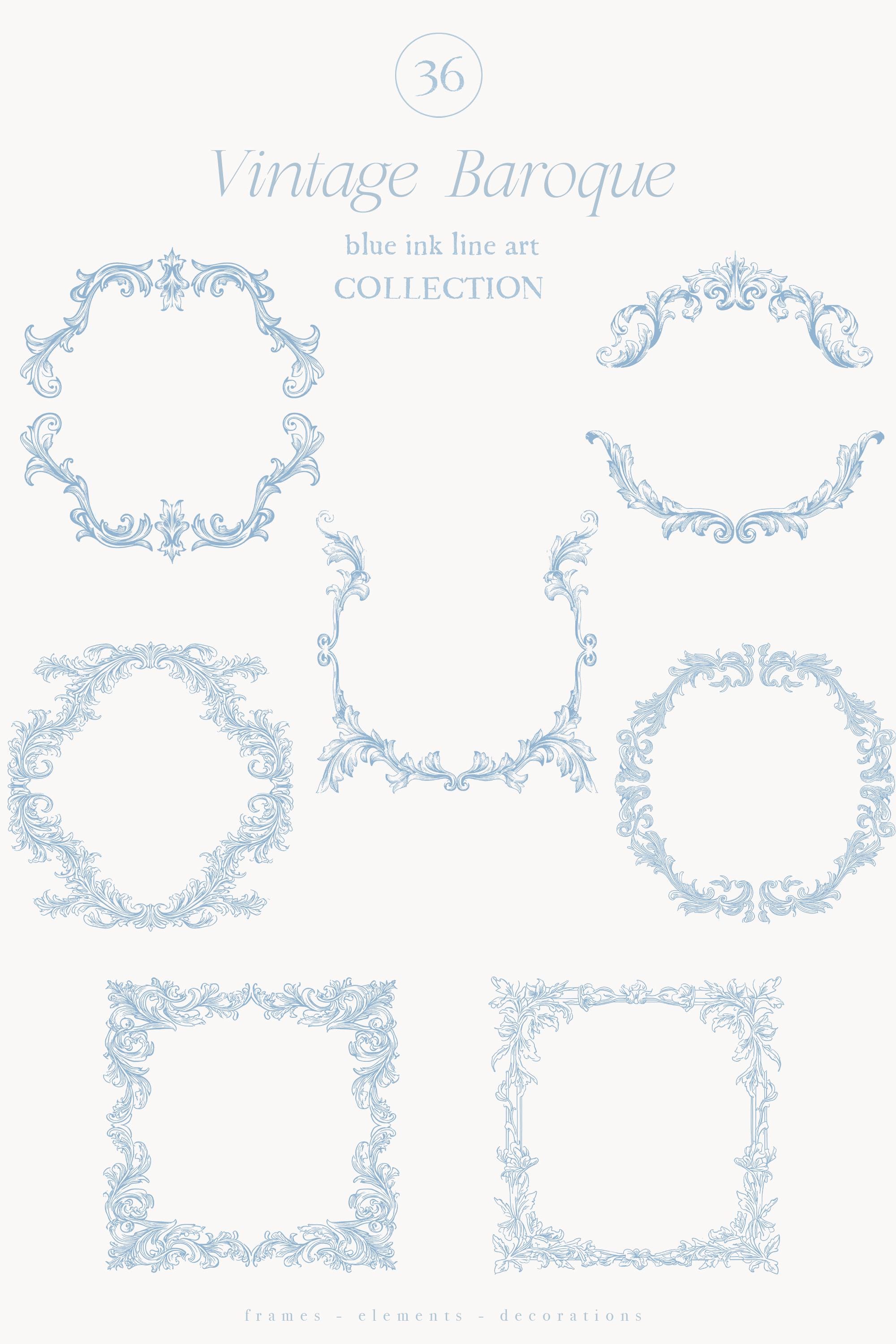 Blue Ink Line Vintage Baroque Blue Ink Line Art - Wedding Clipart- Victorian Crest ...