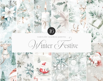 Watercolor Winter Festive Seamless Patterns, Christmas Patterns, Festive Patterns, Digital Paper, Scrapbook Paper, Winter Patterns -Patterns