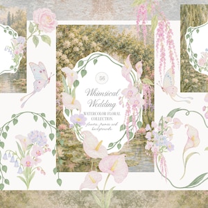 Pode incluir: Uma coleção digital de ilustrações florais em aquarela com rosas cor-de-rosa, copos-de-leite, orquídeas e borboletas. A moldura central exibe o texto "56 Whimsical Wedding WATERCOLOR FLORAL COLLECTION flowers, frames and backgrounds."