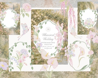 Watercolor Whimsical Wedding Collection - Floral Arrangements - Digital Papers - Backgrounds - Frames PNG - Digital Download -Quirky Flowers