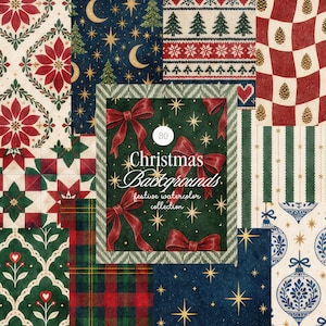Peut inclure: Une collection de 80 arrière-plans de Noël présentant des motifs festifs à l'aquarelle, notamment des poinsettias rouges, des étoiles dorées, des croissants de lune, des sapins, des nœuds rouges, des pommes de pin, du tartan et des boules bleues.