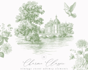Può includere: Illustrazione digitale con elementi di line art e bouquet floreali. L'immagine mostra un disegno dettagliato di un castello vicino a un lago, una colomba in volo e composizioni floreali in tonalità verdi. Il testo include "Line Art Elements & Floral Bouquets" e "Charme Classic".