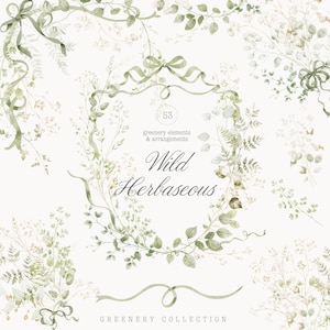 Puede incluir: Ilustración en acuarela de elementos y arreglos de vegetación en verde suave y blanco. La imagen presenta coronas, ramitas y cintas con el texto "Wild Herbaceous" y "Greenery Collection".