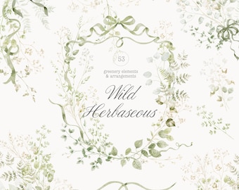 Watercolor Greenery Clipart - Wild Herbaceous Botanical Garden - Elements and Arrangements - Wedding Clipart