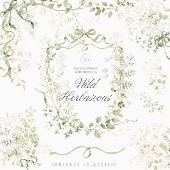 Watercolor Greenery Clipart - Wild Herbaceous Botanical Garden - Elements and Arrangements - Wedding Clipart