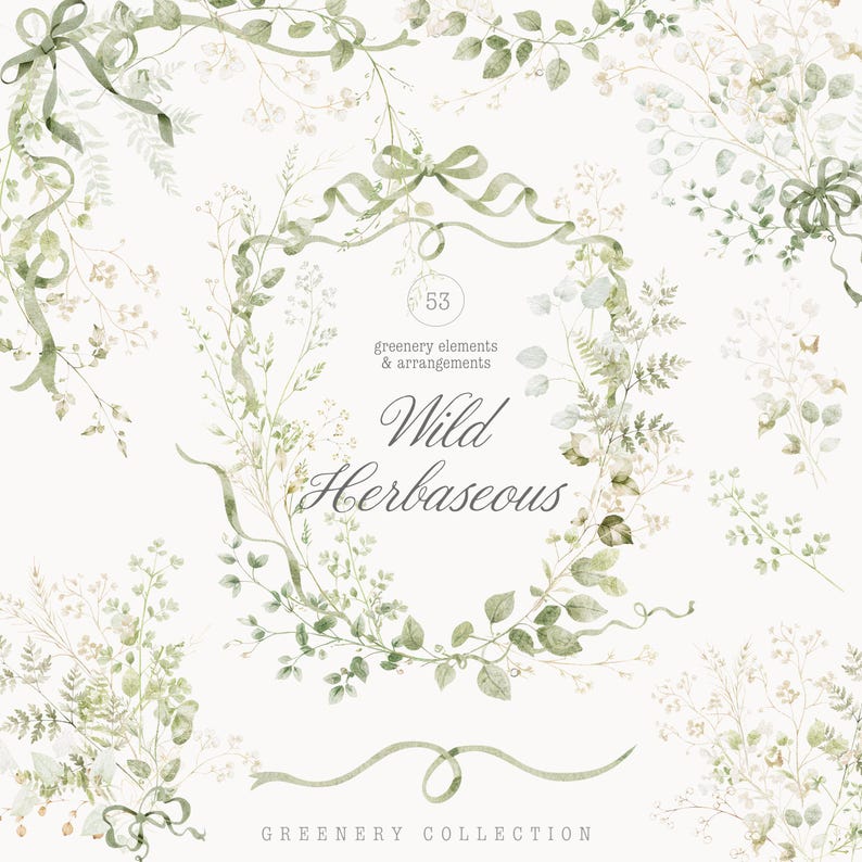 Puede incluir: Ilustraci&oacute;n en acuarela de elementos y arreglos de vegetaci&oacute;n en verde suave y blanco. La imagen presenta coronas, ramitas y cintas con el texto "Wild Herbaceous" y "Greenery Collection".