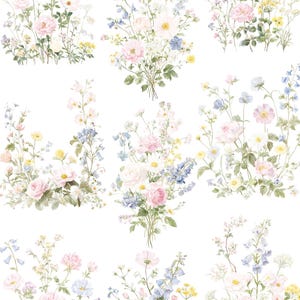 以下が含まれることがあります： 水彩画イラストの庭の花の様々なブーケ。花には、バラ、デルフィニウム、その他のワイルドフラワーが含まれており、ピンク、青、黄色、白の色合いです。「GARDEN FLORA watercolor wild flowers collection」というテキストが上部にあります。