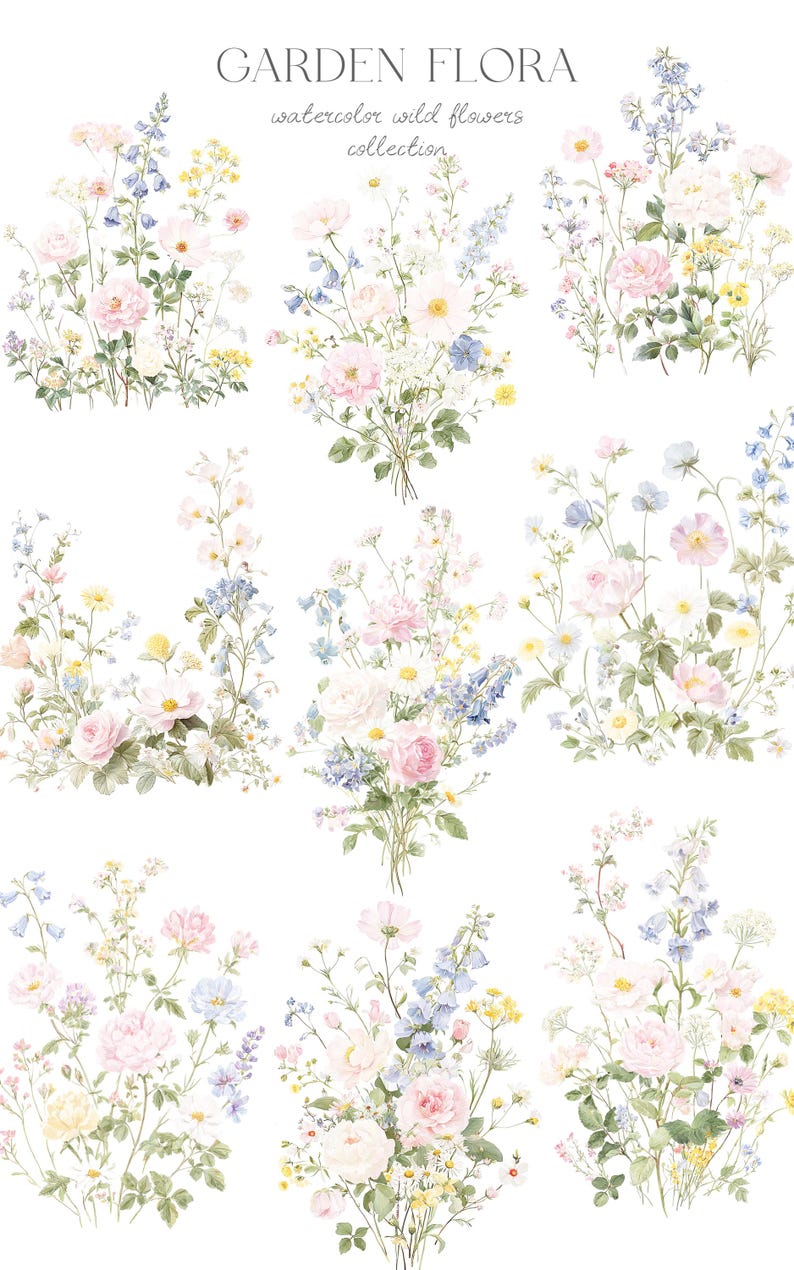 以下が含まれることがあります： 水彩画イラストの庭の花の様々なブーケ。花には、バラ、デルフィニウム、その他のワイルドフラワーが含まれており、ピンク、青、黄色、白の色合いです。「GARDEN FLORA watercolor wild flowers collection」というテキストが上部にあります。