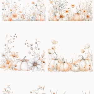 Może przedstawiać: Aquarela przedstawiająca pole dyni z białymi dyniami i jesiennymi liśćmi. Ilustracja nosi tytuł "Pumpkin Fields" i zawiera tekst "watercolor autumn collection".