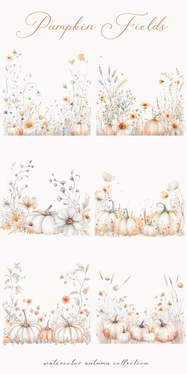 Może przedstawiać: Aquarela przedstawiająca pole dyni z białymi dyniami i jesiennymi liśćmi. Ilustracja nosi tytuł "Pumpkin Fields" i zawiera tekst "watercolor autumn collection".