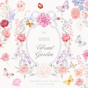 Può includere: Collezione floreale ad acquerello con una varietà di fiori, farfalle e coccinelle. Il design presenta una cornice ovale centrale con il testo "Vibrant Garden" e "floral elements & arrangements". La tavolozza dei colori include rosa, viola e giallo.