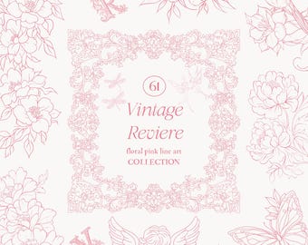 Arte lineal barroco rosa - Clipart de boda - Alfabeto de boda victoriano vintage - Clipart de chinoiserie rosa - Marco ornamental real - Clipart vintage