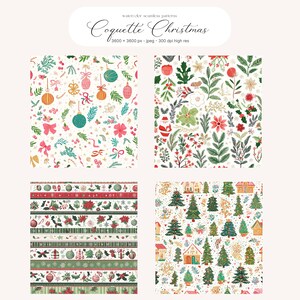 May include: Watercolor seamless patterns with a Christmas theme. The image features four different patterns: one with ornaments and bows, another with floral elements, a third with decorative borders, and a fourth with Christmas trees and houses.