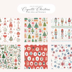 May include: Watercolor Christmas patterns in a variety of designs. The image features six different patterns with Christmas trees, ornaments, nutcrackers, and snowflakes. The text "Coquette Christmas" is at the top.
