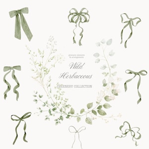 Puede incluir: Ilustraci&oacute;n en acuarela con lazos verdes y una corona de vegetaci&oacute;n. La imagen incluye el texto "Wild Herbaceous Greenery Collection" y "greenery elements & arrangements". Los lazos tienen cintas largas y fluidas.