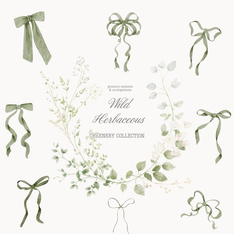 Puede incluir: Ilustraci&oacute;n en acuarela con lazos verdes y una corona de vegetaci&oacute;n. La imagen incluye el texto "Wild Herbaceous Greenery Collection" y "greenery elements & arrangements". Los lazos tienen cintas largas y fluidas.