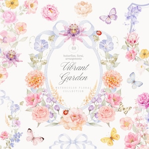 May include: Watercolor floral arrangement with butterflies, flowers, and the text "Vibrant Garden." The design features pink, yellow, and orange flowers, with blue ribbons and butterflies. A ladybug is also present in the design. The text "Watercolor Floral Collection" is also included.