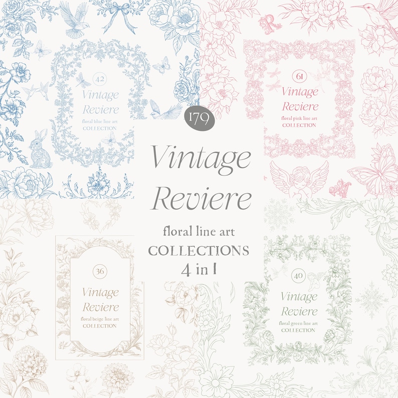 Op de afbeelding: Een verzameling vintage bloemenlijnkunstontwerpen in verschillende kleuren, waaronder blauw, roze en groen. De afbeelding toont frames, bloemen, vlinders en vogels, met de tekst "Vintage Reviere" en "floral line art COLLECTIONS 4 in 1".