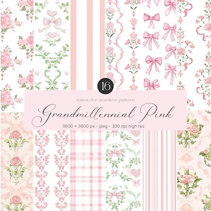 Patrones sin costuras en acuarela Grandmillennial Pink - Patrones repetidos - Patrones digitales repetidos - Papel para álbumes de recortes - Patrones Coquette Pink