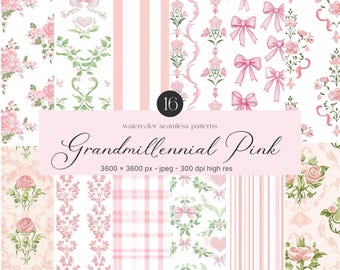 Watercolor Grandmillennial Pink Seamless Patterns - Repeated Patterns - Digital Repeating Patterns - Scrapbook Paper-Coquette Pink Patterns
