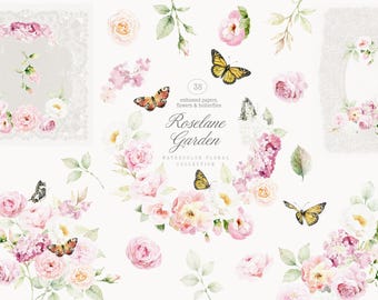 Watercolor Rose Garden Collection - Roses - Wedding Clipart - Embossed Frames - Floral Pink