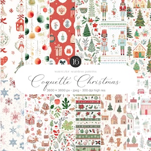 May include: A collection of 16 watercolor seamless patterns with a Christmas theme. The patterns feature festive elements like ornaments, nutcrackers, gingerbread houses, and snowflakes in red, green, and white. The text "Coquette Christmas" is displayed.