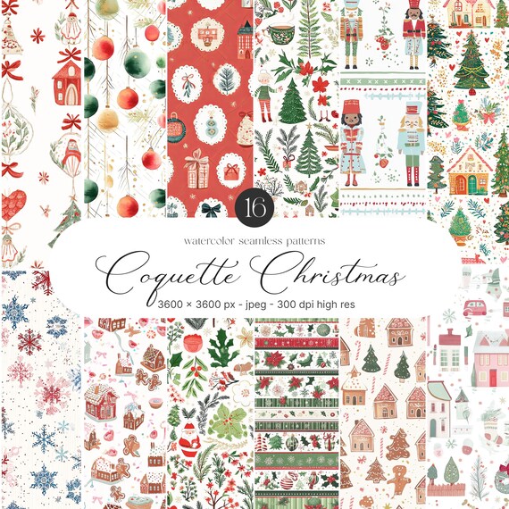 Coquette Watercolor Christmas Seamless Patterns, Christmas Coquette Patterns, Festive Patterns,Digital Paper,Scrapbook Paper,Winter Patterns