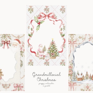 May include: Three rectangular cards featuring watercolor Christmas illustrations. One shows a girl with a teddy bear and Santa, another a Santa with a tree and ribbon frame, and the third a snowy village scene. Text reads Grandmillenial Christmas.