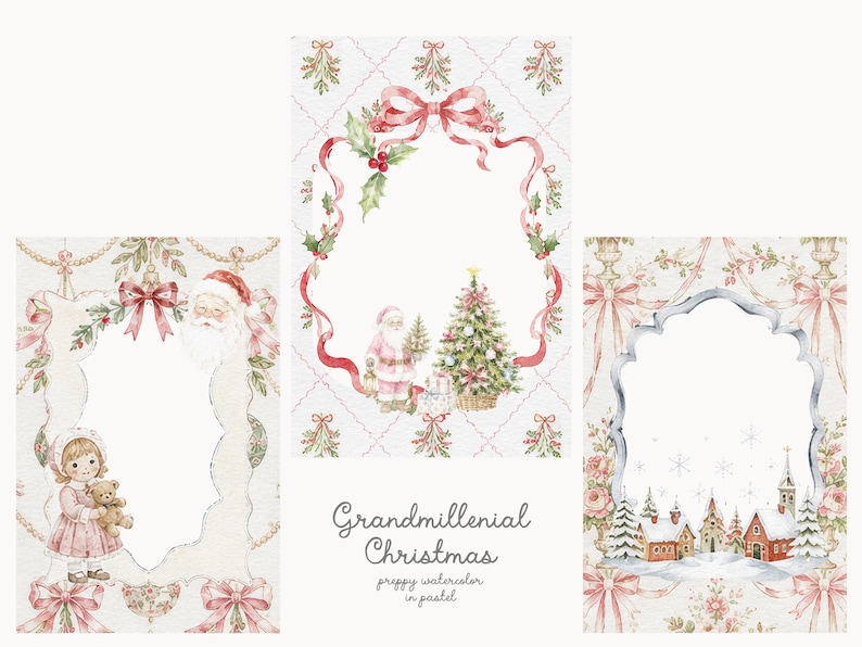 May include: Three rectangular cards featuring watercolor Christmas illustrations. One shows a girl with a teddy bear and Santa, another a Santa with a tree and ribbon frame, and the third a snowy village scene. Text reads Grandmillenial Christmas.