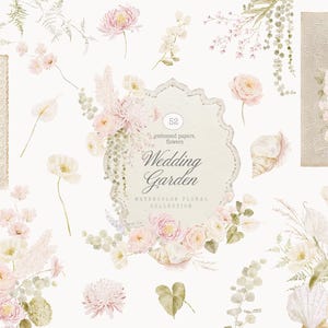 Colección de acuarelas para bodas con motivos florales - Papeles y marcos con relieve - Conchas y flores