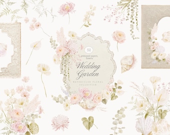 Watercolor Wedding Floral Garden Collection - Embossed Papers and Frames - Shells and Flowers