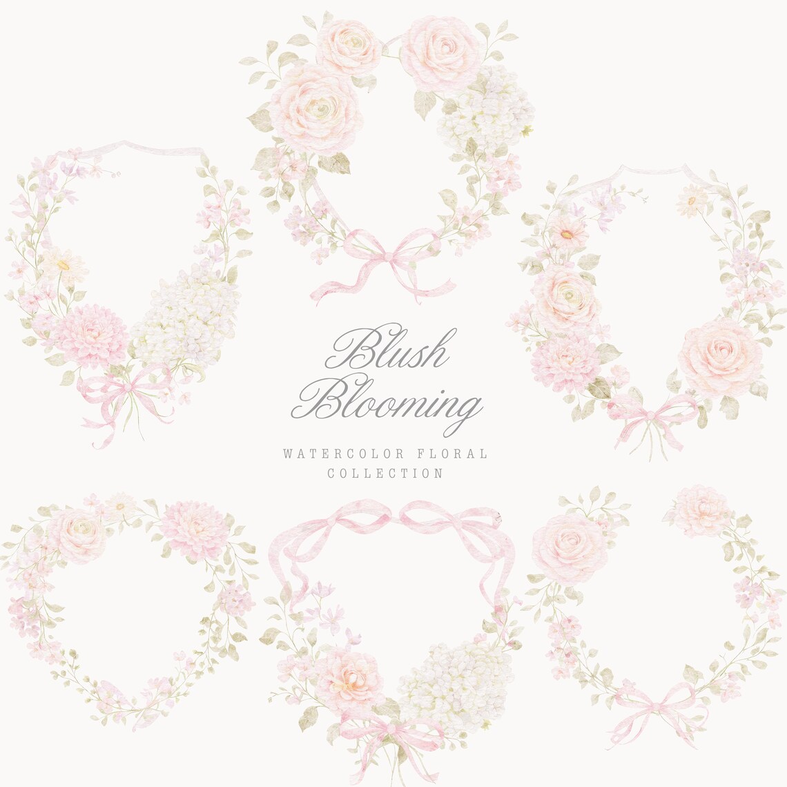 Flowred Ribbon Watercolor Blush Floral Clipart - Wedding Clipart - Elegant Flowers ...