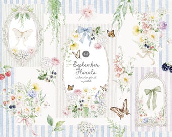 Watercolor September Floral Collection - Wild Flowers and Berries  - Backgrounds - Wedding Clipart - Digital Download
