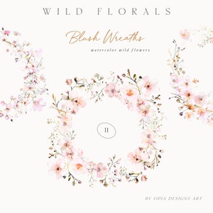 Coronas de flores con rubor en acuarela - Clipart de coronas florales - Clipart de acuarela - Clipart floral - Clipart de boda - Clipart de flores silvestres con rubor en acuarela
