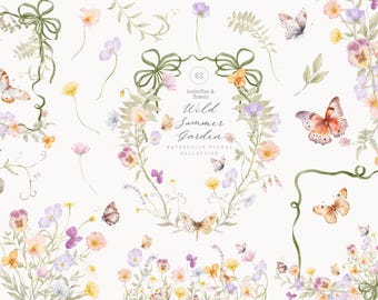 Watercolor Summer Meadow Garden Collection - Butterflies -Wedding Clipart - Botanical - Greenery - Ribbons and Bows - Wild Flowers