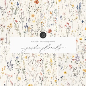 Padrões de flores silvestres em aquarela sem emendas - Flores em aquarela - Papéis digitais - Padrões florais sem emendas - Clipart floral - Clipart em aquarela