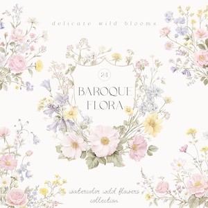 May include: Watercolor illustration of a floral design with the text "delicate wild blooms" at the top. The central design features a shield shape with the text "BAROQUE FLORA" and the number "24". The bottom text reads "watercolor wild flowers collection". The flowers are in shades of pink, yellow, and purple.