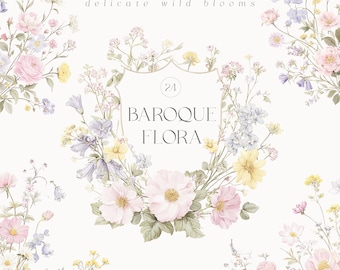 Può includere: Illustrazione ad acquerello di un design floreale con il testo "delicate wild blooms" in alto. Il design centrale presenta una forma a scudo con il testo "BAROQUE FLORA" e il numero "24". Il testo in basso recita "watercolor wild flowers collection". I fiori sono in tonalità rosa, gialle e viola.