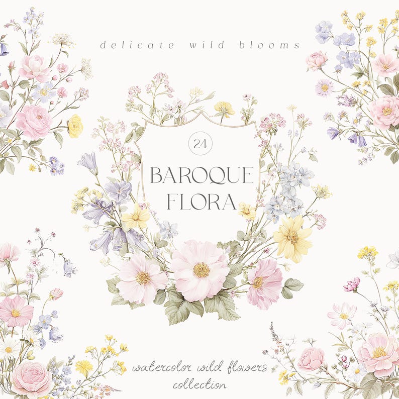 Puede incluir: Ilustraci&oacute;n en acuarela de un dise&ntilde;o floral con el texto "delicate wild blooms" en la parte superior. El dise&ntilde;o central presenta una forma de escudo con el texto "BAROQUE FLORA" y el n&uacute;mero "24". El texto inferior dice "watercolor wild flowers collection". Las flores son en tonos rosa, amarillo y morado.