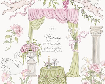 Watercolor Whimsy Wedding Illustrations Clipart in Chartreuse & Pink Colors - Calla Lily Floral Frame Sketches - Swan - Floral PNG