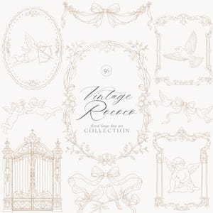Puede incluir: Colección de ilustraciones de estilo rococó vintage en beige y marrón. Los diseños incluyen querubines, palomas, marcos florales, lazos y una puerta decorativa. También está presente el texto "Vintage Rococo".
