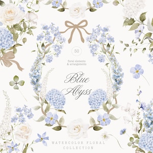 May include: Watercolor floral collection featuring blue hydrangeas, forget-me-nots, and white roses. The design includes a central wreath with a bow, and the text "Blue Abyss". The collection includes 50 floral elements and arrangements.