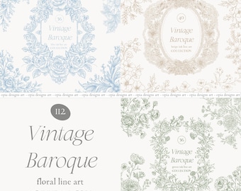 May include: A selection of vintage baroque floral line art designs in blue, beige, and green. The designs feature ornate frames, floral arrangements, and the text "Vintage Baroque" and "floral line art COLLECTIONS 3 in 1".