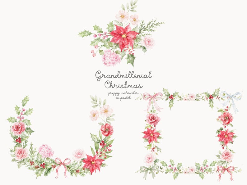 Watercolor Grandmillennial Christmas Pastel Collection - Granny Chic Xmas - Premade Cards -Grandmillennial - Backgrounds - Festive Clipart image 6