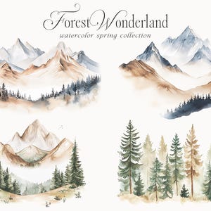 May include: Watercolor illustrations of mountains and forests in shades of blue, brown, and green. The text "Forest Wonderland watercolor spring collection" is at the top of the image.