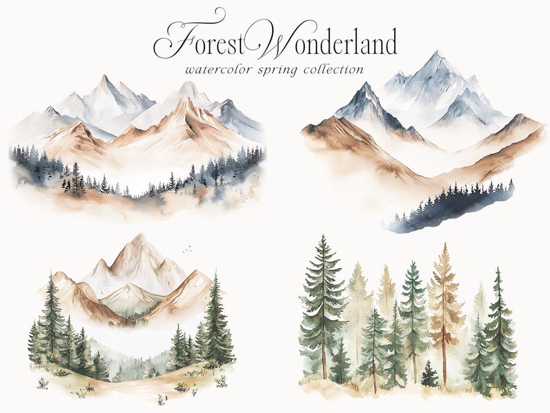 May include: Watercolor illustrations of mountains and forests in shades of blue, brown, and green. The text "Forest Wonderland watercolor spring collection" is at the top of the image.