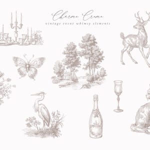 May include: Sepia-toned illustration of vintage event elements. Includes a deer, butterfly, trees, a cat, a champagne bottle, a heron, a vase of flowers, a candelabra, and a champagne glass. The text "Charme Creme" is at the top.